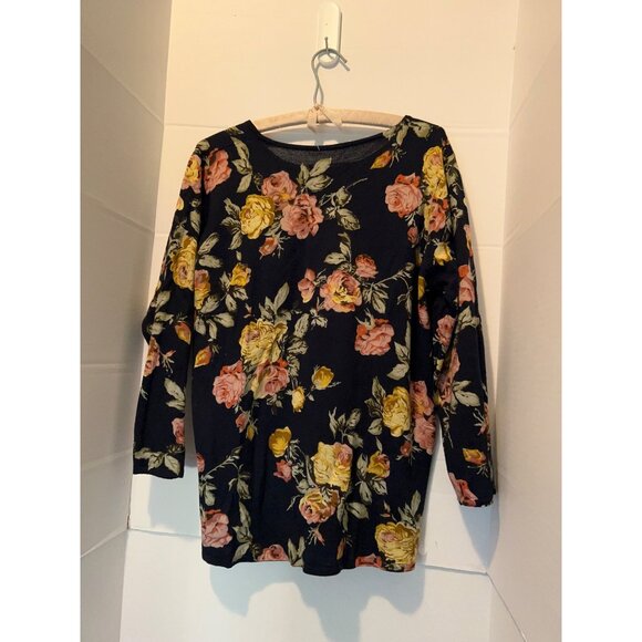 Shanghai KaiKai Company Floral Sweater Navy Rose Print Long Sleeve Boho Pullover - Picture 2 of 12